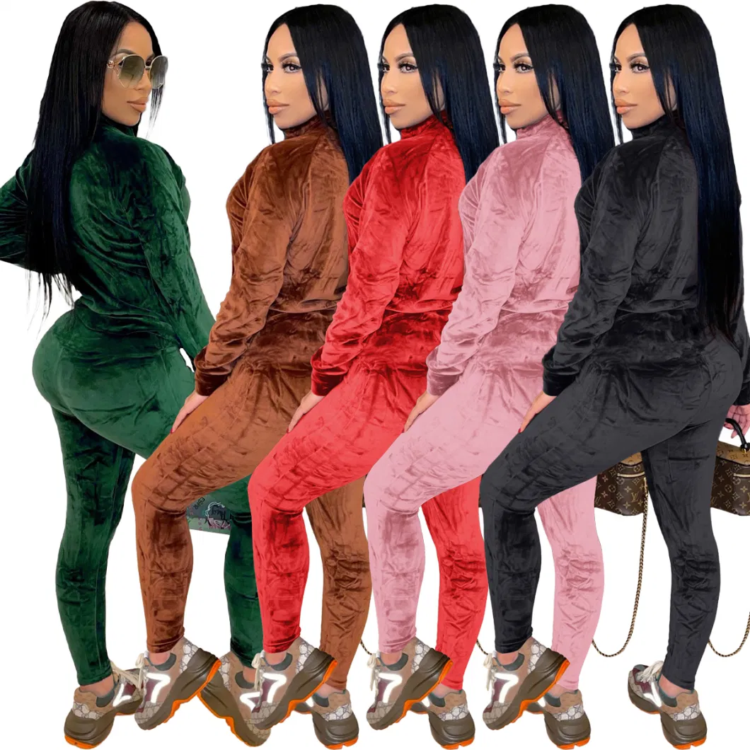 L286170 Female Clothes 2021 Solid Color Coffee Zip up Sports Korean Velvet Tracksuit for Women