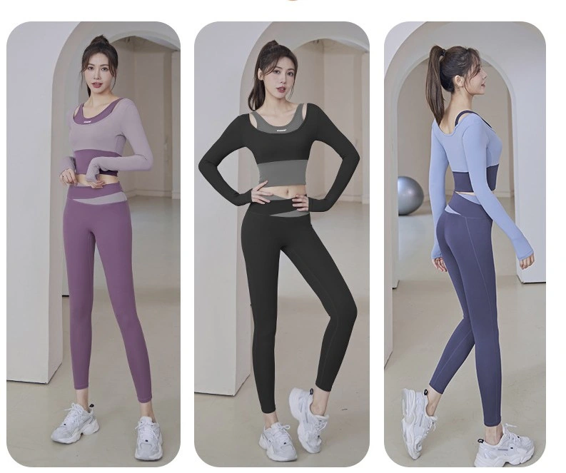 New Women&prime;s Running Fitness Fake Two Pieces Yoga Clothes Sports Tops