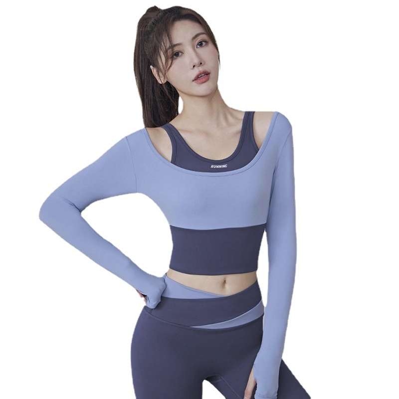 New Women&prime;s Running Fitness Fake Two Pieces Yoga Clothes Sports Tops