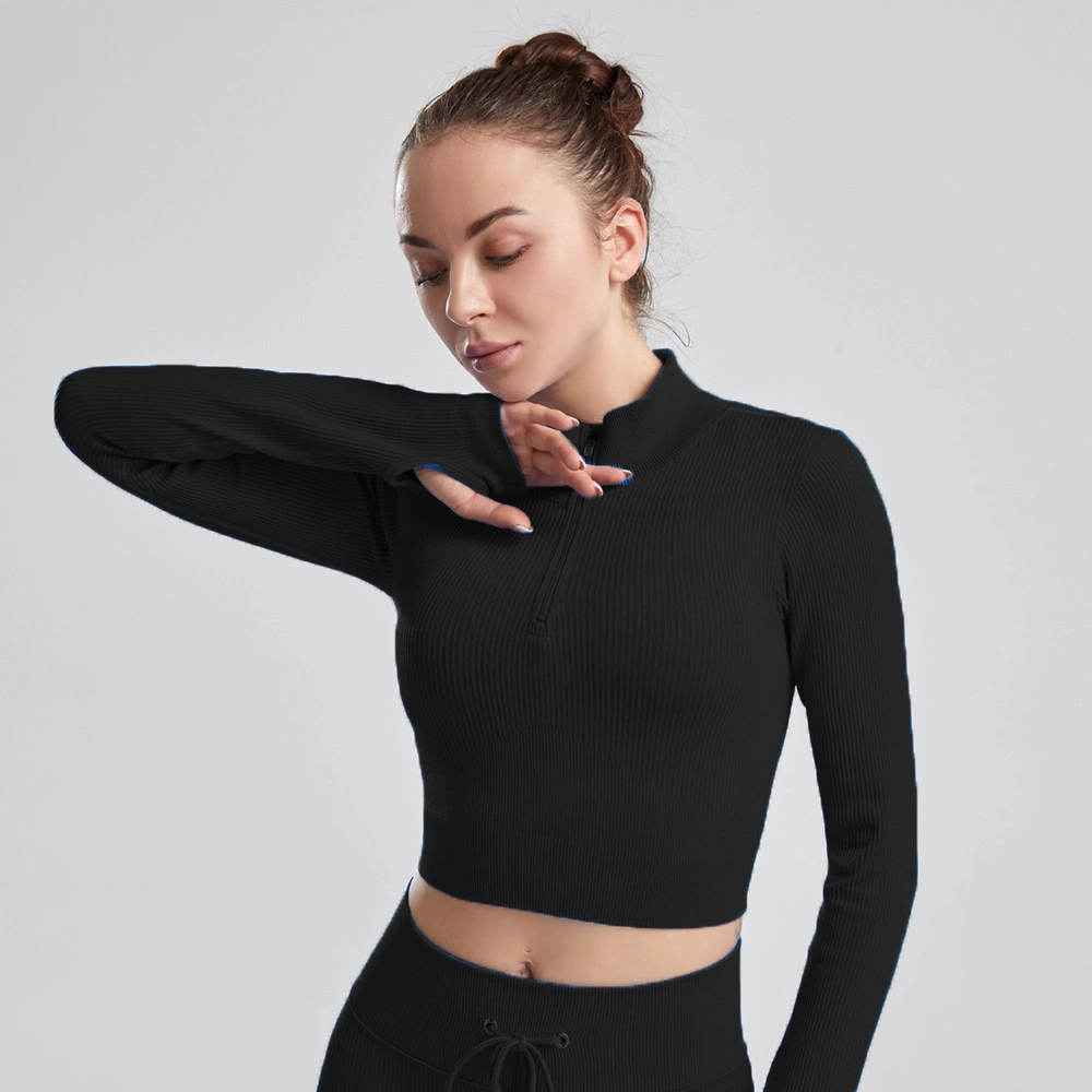 2022 Private Label Gym Fitness Sports Women Seamless Long Sleeved Rib Half Zipper Crop Top