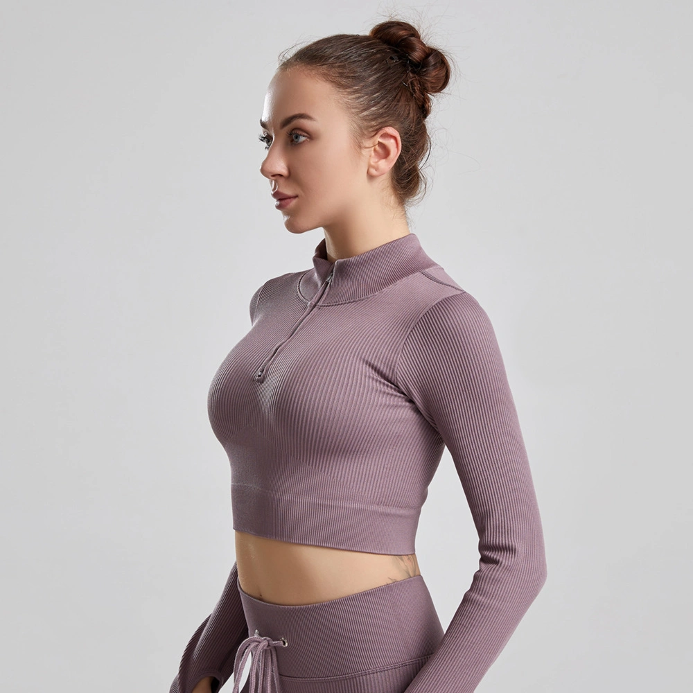 2022 Private Label Gym Fitness Sports Women Seamless Long Sleeved Rib Half Zipper Crop Top