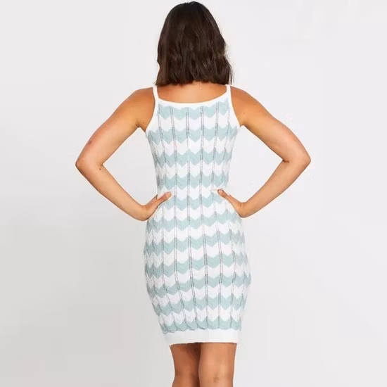 Women′s Pastel Stretchy Spaghetti Strap Short Striped Rib Nylon Spandex Pattern Mesh Knit Cami Seamless Dress